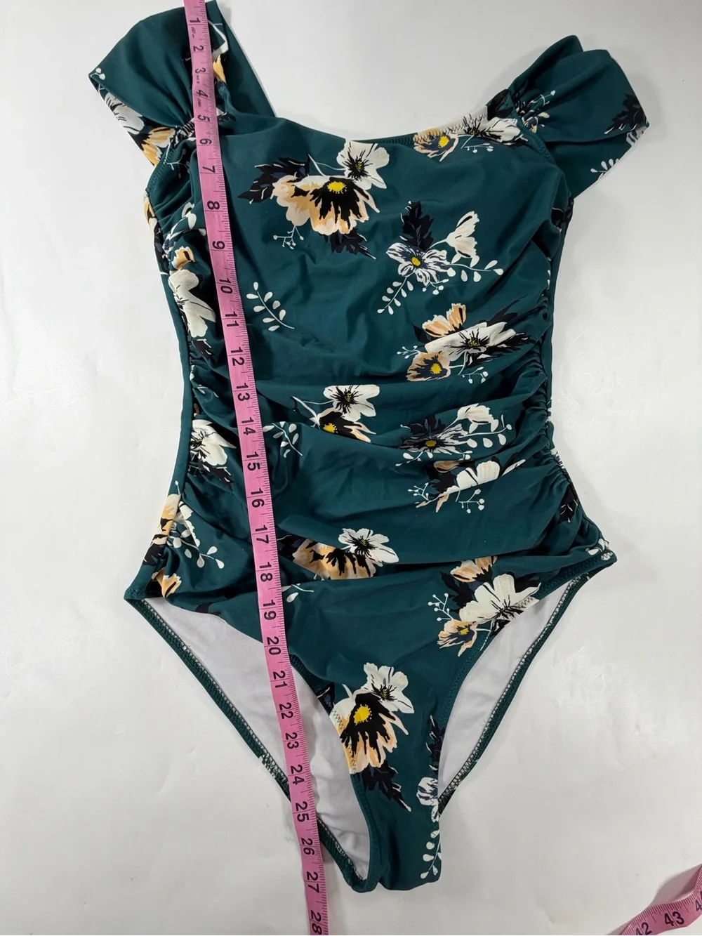 Cupshe Teal Floral Off Shoulder Ruched Tummy Control Swimsuit S